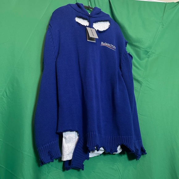 BALENCIAGA destroyed knit layered hybrid campaign hoodie blue NWT - Picture 16 of 16